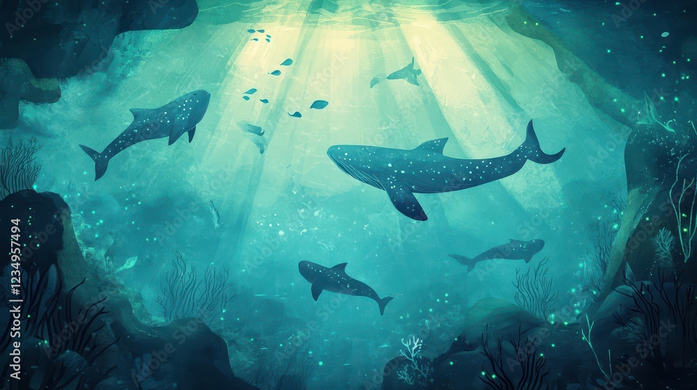 Fototapeta premium Whales and smaller fish swim in an underwater cavern