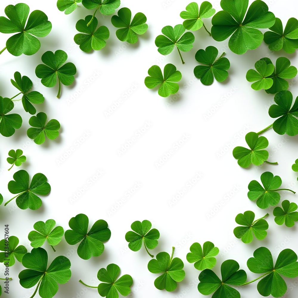Fresh green clover leaves on white background, banner design, St. Patrick’s Day, festive, lucky charm Fresh green clover leaves on white background, banner design, St. Patrick’s Day, festive, lucky charm