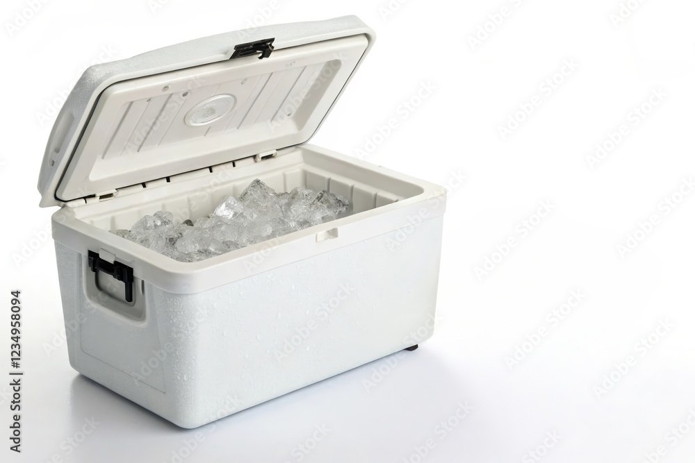 White Cooler Box Filled with Ice - A white cooler box filled with ice cubes, open and ready for use. Perfect for keeping beverages cold at outdoor events. White Cooler Box Filled with Ice - A white cooler box filled with ice cubes, open and ready for use. Perfect for keeping beverages cold at outdoor events.