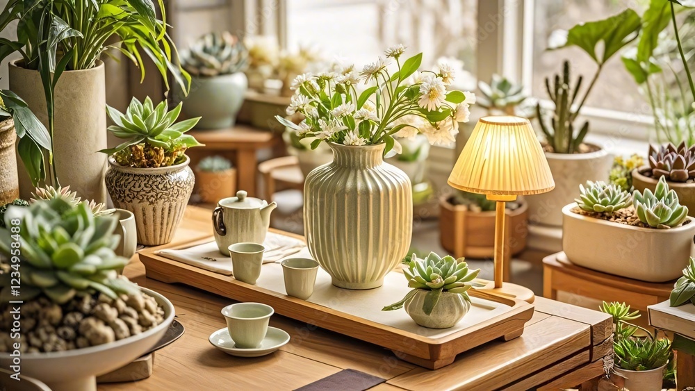 The image depicts a serene indoor setting with a focus on a wooden table adorned with various items. The image depicts a serene indoor setting with a focus on a wooden table adorned with various items.