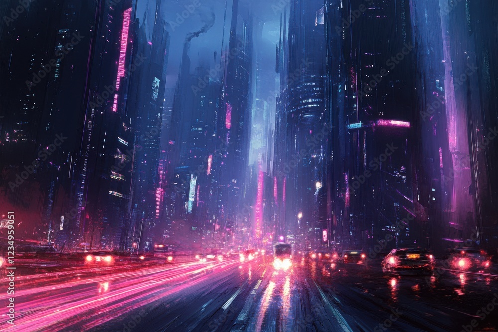 Obraz premium Futuristic cityscape with digital data streams and light trails