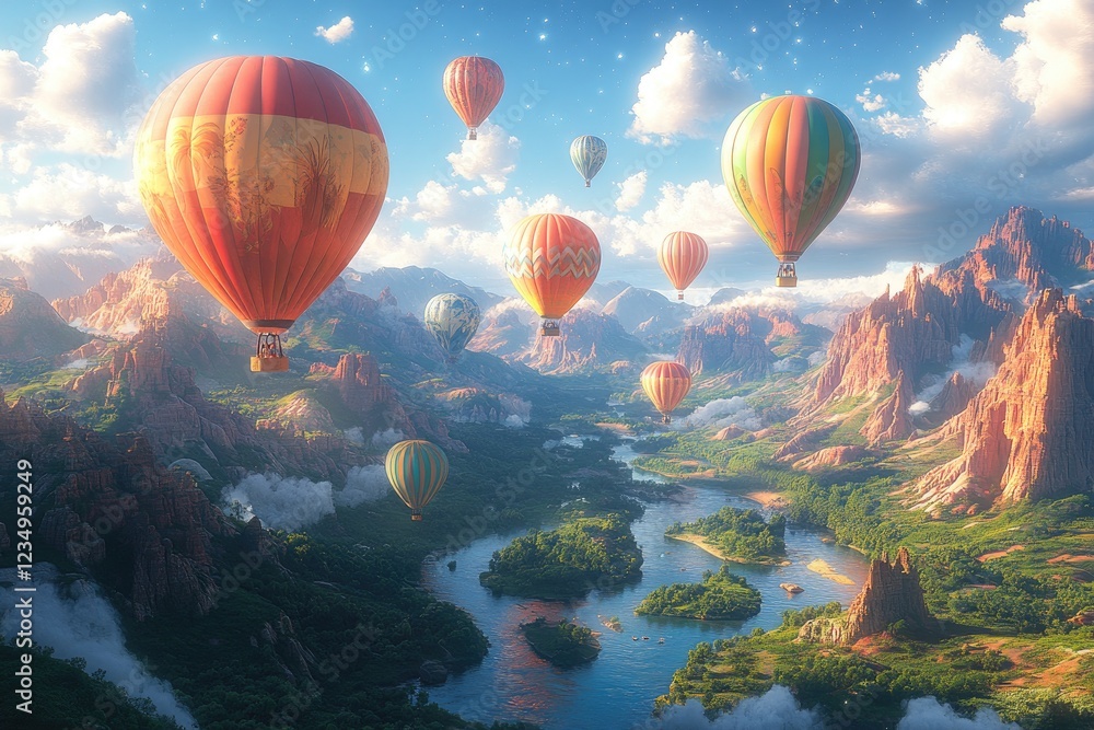 Fototapeta premium Hot Air Balloons Soar Over a Majestic Mountain River Landscape
