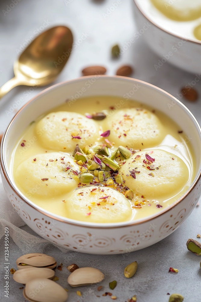 Indian dessert Rasmalai in Creamy Saffron Rabdi with Pistachios and Cardamom in a Ceramic Bowl Indian dessert Rasmalai in Creamy Saffron Rabdi with Pistachios and Cardamom in a Ceramic Bowl