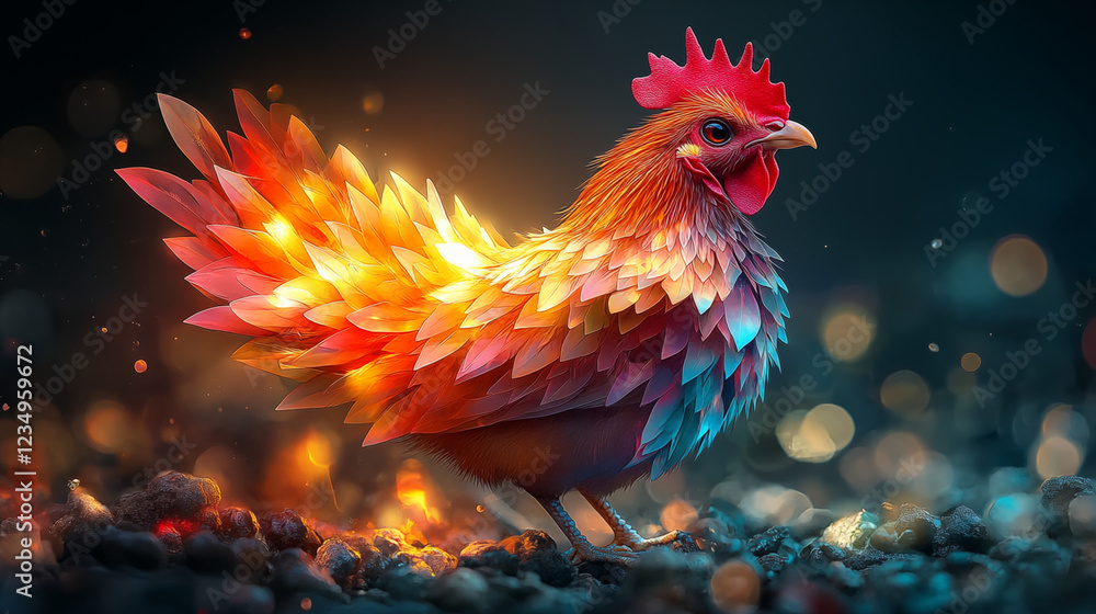 Fototapeta premium Rooster with vibrant feathers standing on dark ground against magical bokeh background. Digital art showing majestic farm bird with glowing plumage