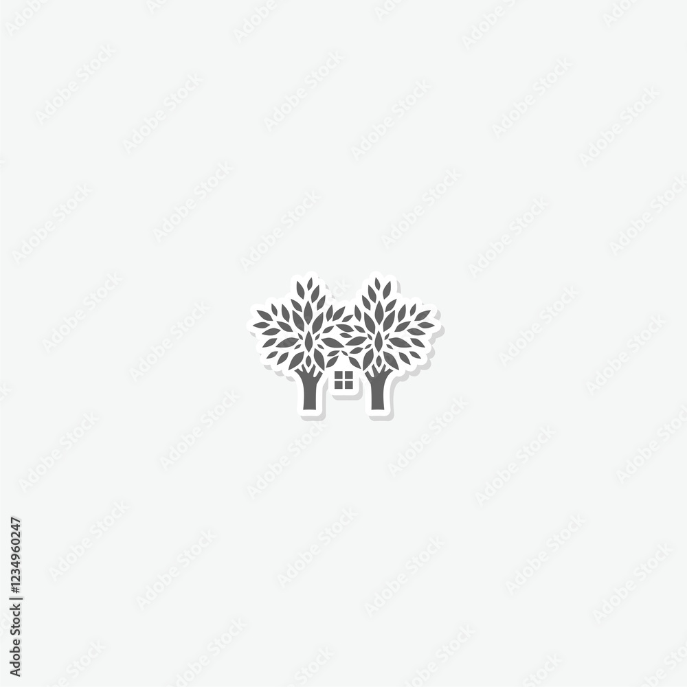 Obraz premium Two tree making house shape icon sticker isolated on gray background
