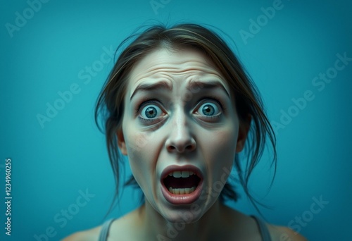 Terrified female portrait with pale complexion and wide eyes photo