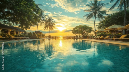 Serene Sunset at Tropical Resort Poolside