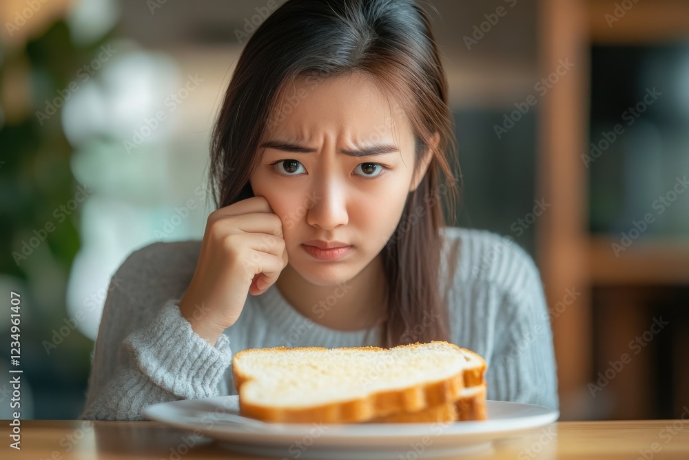 Gluten allergy asian young woman girl having a stomach ache hand holding Gluten allergy asian young woman girl having a stomach ache hand holding