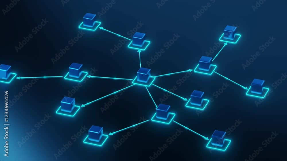 A 3D digital illustration of a glowing blue network diagram, representing business workflow, data exchange, decentralized systems, and digital communication in a futuristic style.