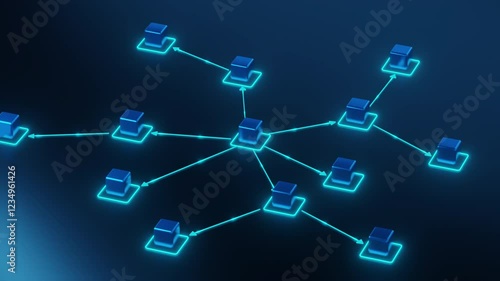 A 3D digital illustration of a glowing blue network diagram, representing business workflow, data exchange, decentralized systems, and digital communication in a futuristic style.