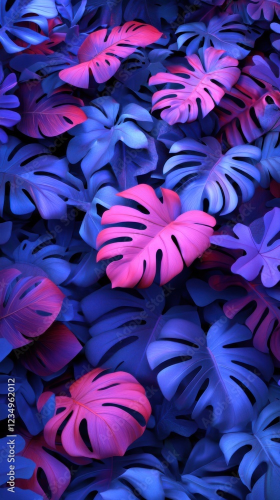 A vibrant, abstract background featuring exotic leaves in a striking pattern. The mix of deep blue and vivid pink creates a captivating and lively image. A vibrant, abstract background featuring exotic leaves in a striking pattern. The mix of deep blue and vivid pink creates a captivating and lively image.