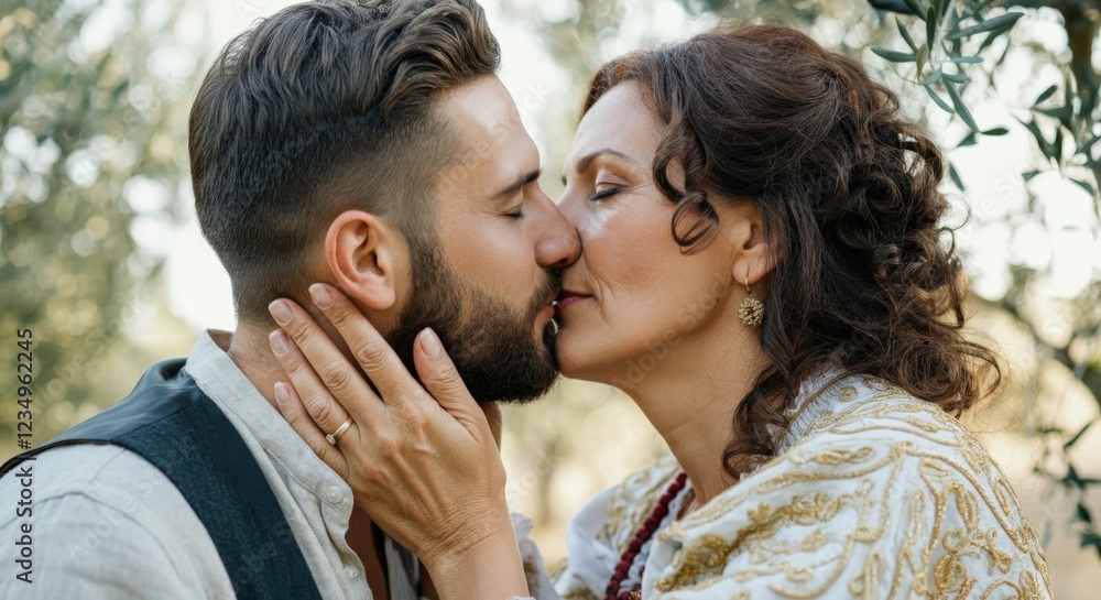 Romantic moment between caucasian couple in elegantly decorated garden setting Romantic moment between caucasian couple in elegantly decorated garden setting