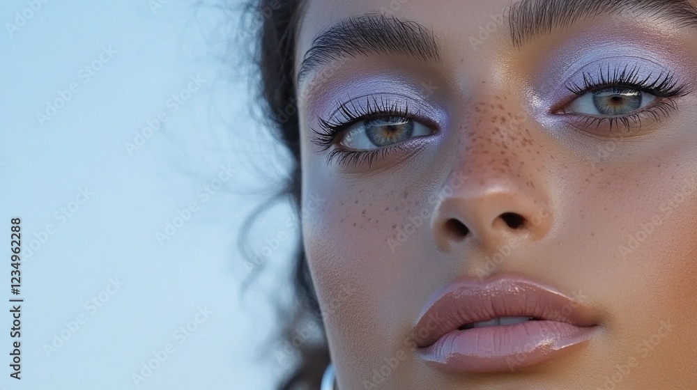 Close-up of caucasian young female with freckles and pastel makeup Close-up of caucasian young female with freckles and pastel makeup