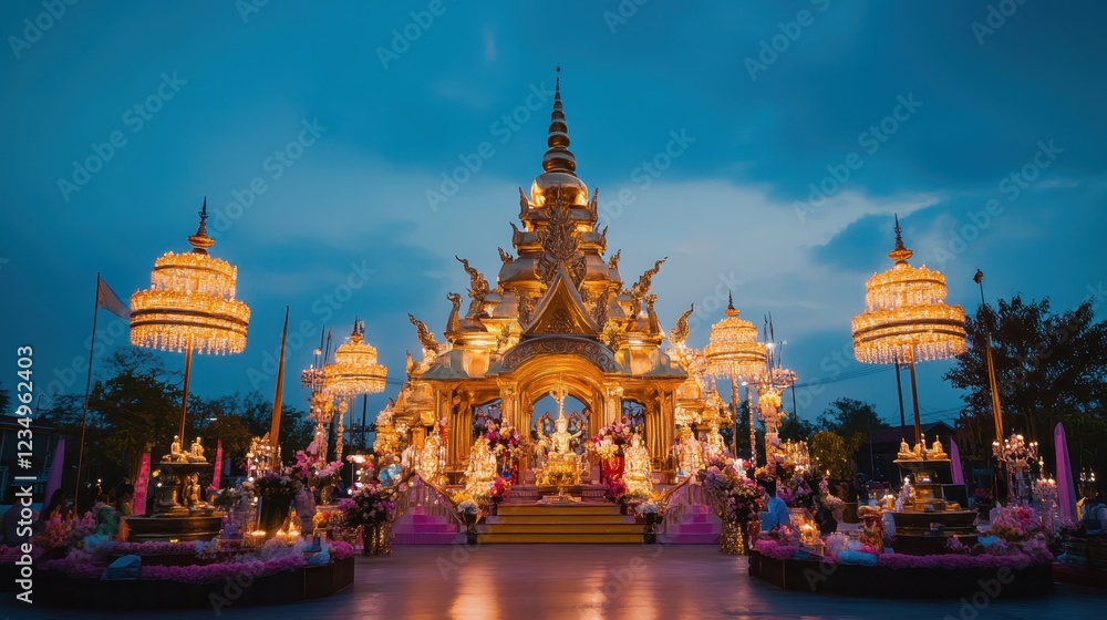 Fototapeta premium Majestic Temple at Twilight with Golden Lights