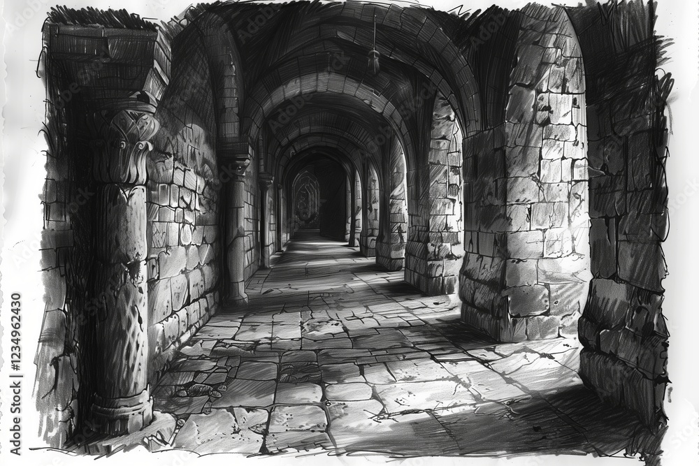 A captivating black and white photograph of ancient stone arches in a historic corridor. A captivating black and white photograph of ancient stone arches in a historic corridor.