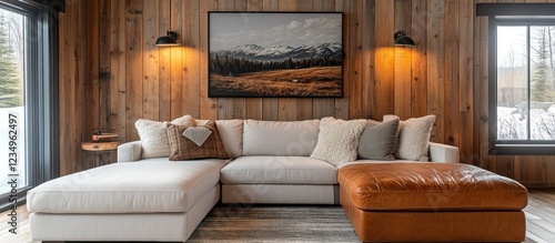 Sectional sofa in rustic cabin, mountain view
