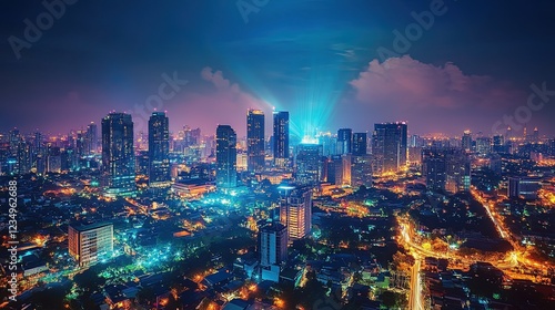 City illuminated by 5G network signals connecting buildings, showing digital and physical connections 
