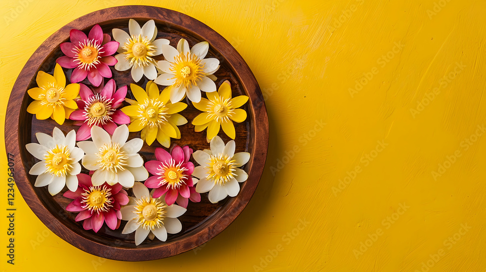 A bowl of flowers with a yellow background A bowl of flowers with a yellow background