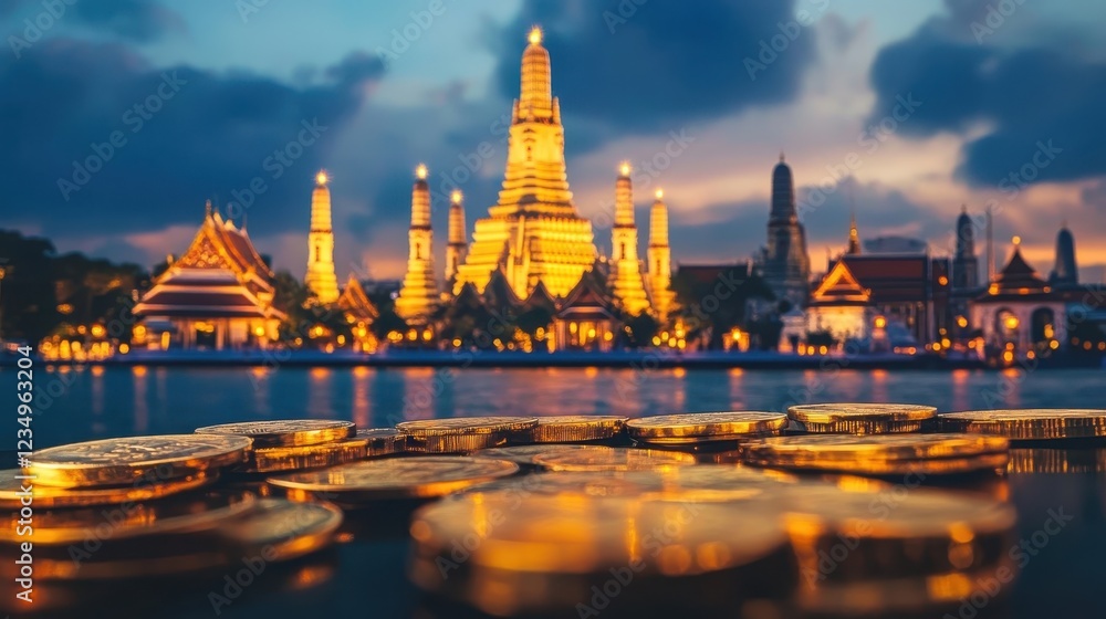 Obraz premium Golden Coins in Front of Wat Arun at Dusk