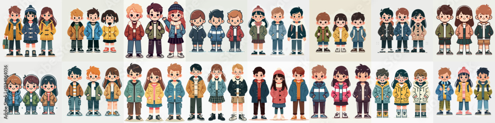 vector three little boys and girls with jackets standing happily vector three little boys and girls with jackets standing happily