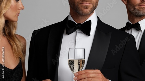 Elegant caucasian adults in formal attire with champagne