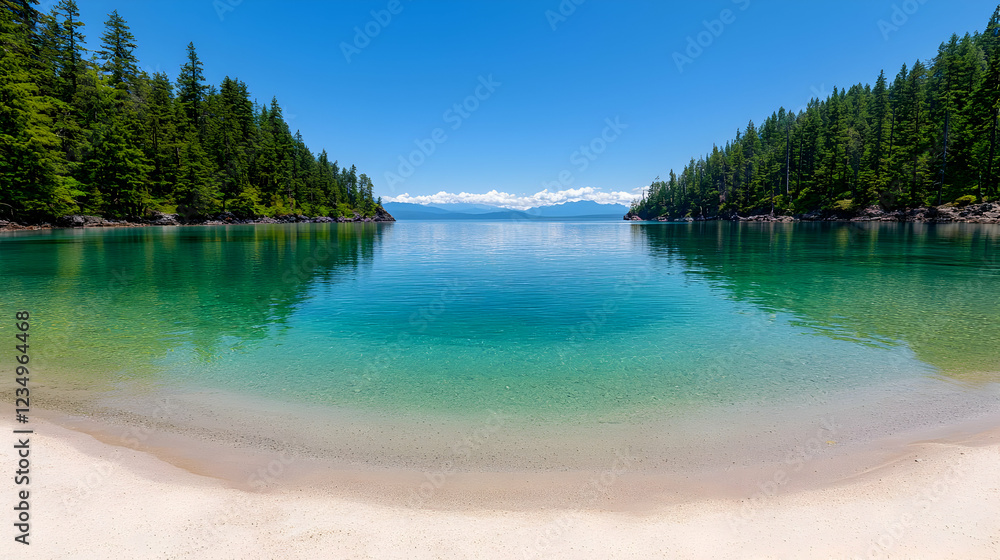 Fototapeta premium Pristine sandy beach and turquoise water of a calm bay surrounded by dense green pine forests under a clear blue sky.