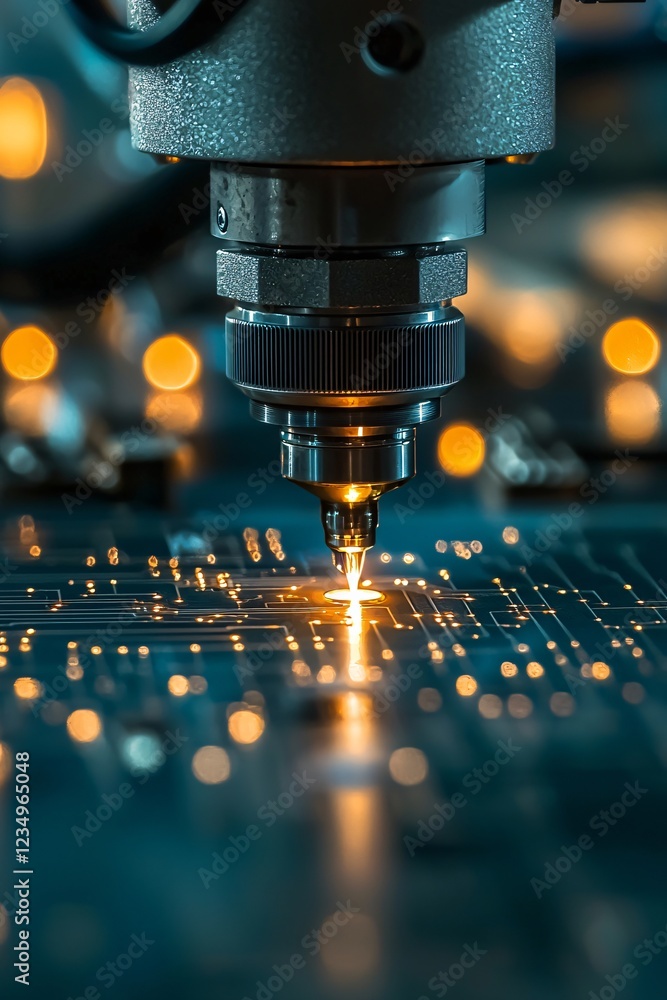 Robotic Welder Engraving Glowing Circuit Patterns in a High-Tech Industrial Workshop Robotic Welder Engraving Glowing Circuit Patterns in a High-Tech Industrial Workshop