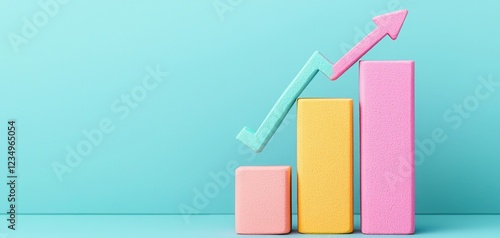 Leadership drives growth in management. Colorful bar graph representing growth and progress on a turquoise background.