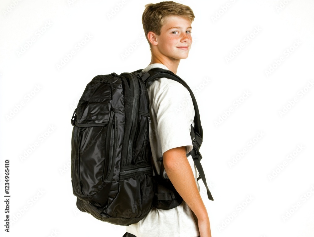 A young boy with a backpack smiles confidently against a plain white background, exuding a cheerful and adventurous vibe. A young boy with a backpack smiles confidently against a plain white background, exuding a cheerful and adventurous vibe.