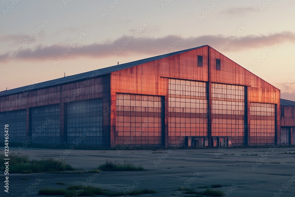 Obraz premium Sunset casting warm glow on a large industrial building in a quiet setting