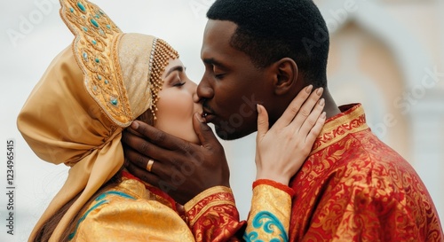 Interracial couple in traditional cultural dress sharing romantic moment photo