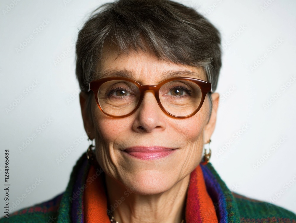 A close-up portrait of a smiling senior woman wearing stylish glasses, with short hair and a colorful scarf. The background is a soft, neutral color. A close-up portrait of a smiling senior woman wearing stylish glasses, with short hair and a colorful scarf. The background is a soft, neutral color.