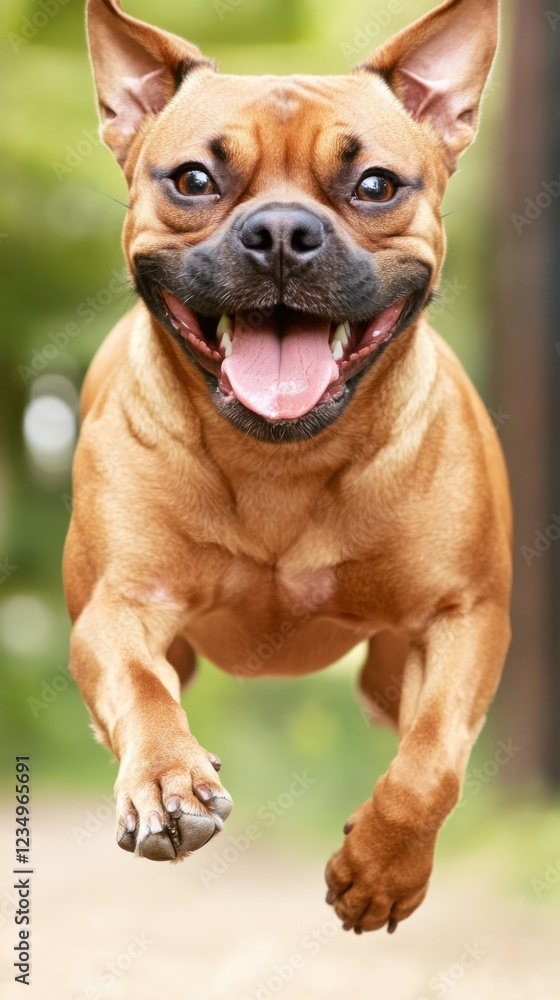 A joyful dog is captured mid-jump, showcasing its exuberance against a blurred natural background. A joyful dog is captured mid-jump, showcasing its exuberance against a blurred natural background.