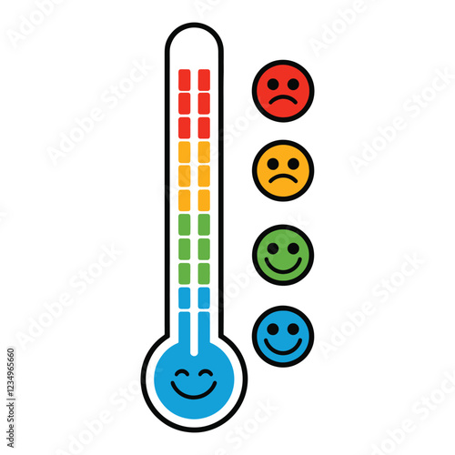 Cute Cartoon Thermometer Icons. Flat vector illustration of thermometers with different emotions, representing hot and cold temperatures. Perfect for weather, health, and climate.