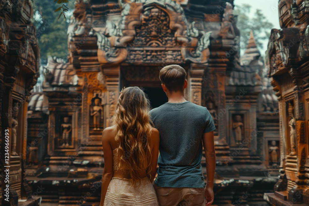 Fototapeta premium A couple exploring ancient temples, surrounded by intricate architecture in nature.