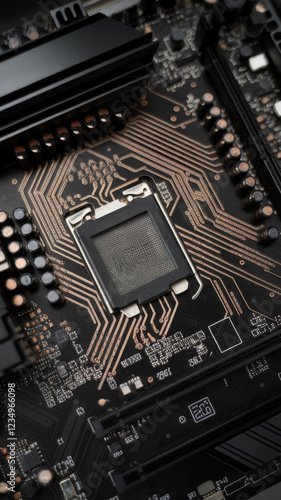 Close up of a computer motherboard with intricate circuit design photo