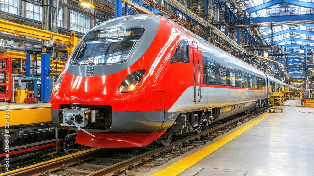 Obraz premium Modern High-Speed Train in Factory Setting