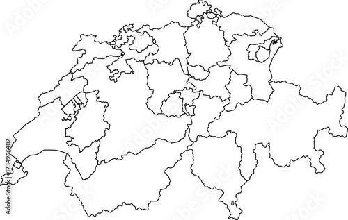 Blank outline map of Switzerland with all 26 cantons. Illustration made January 31st, 2025, Zurich, Switzerland.