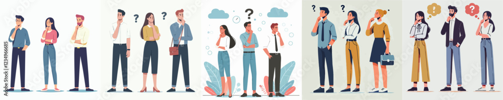 vector of three men and women in standing poses thinking vector of three men and women in standing poses thinking