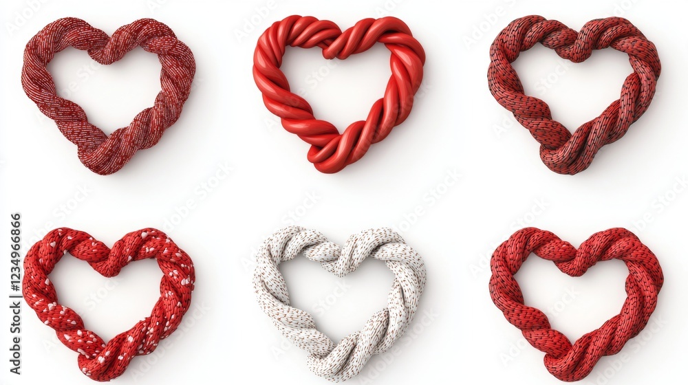 Colorful heart-shaped designs made of twisted candy, showcasing red and white hues, perfect for Valentine Colorful heart-shaped designs made of twisted candy, showcasing red and white hues, perfect for Valentine