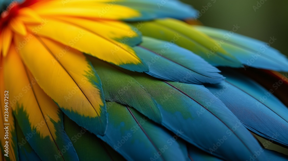 Obraz premium A Close-Up Of Vibrant Macaw Feathers Showcasing A Stunning Blend Of Blue Yellow And Green.