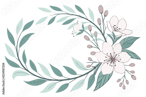 Watercolor floral wreath, soft green hues, delicate leaves and flowers, circular composition, botanical illustration, white background, elegant foliage design, dainty petals, nature-inspired artwork, 
