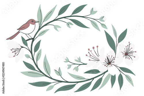 Watercolor floral wreath, soft green hues, delicate leaves and flowers, circular composition, botanical illustration, white background, elegant foliage design, dainty petals, nature-inspired artwork, 