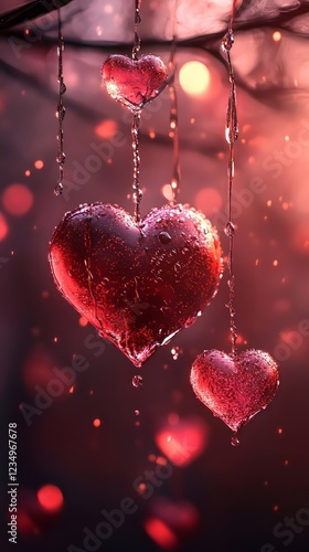 Three Glistening, Red Heart Ornaments Hang, Dripping With Water Against A Bokeh Background, Creating A Romantic And Magical Vibe.