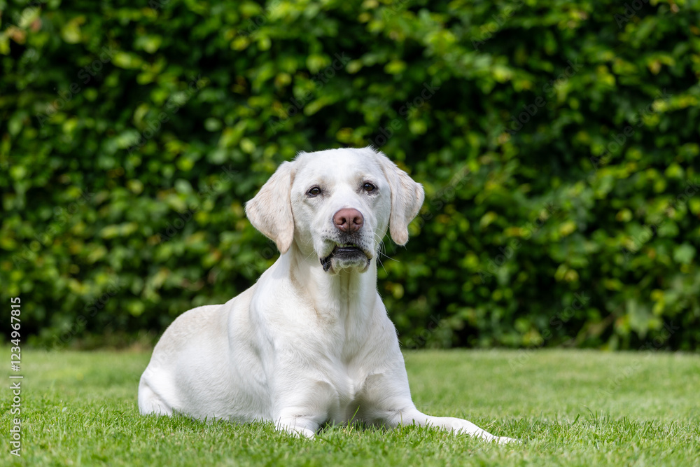 White Labrador Retriever relaxing in the garden White Labrador Retriever relaxing in the garden