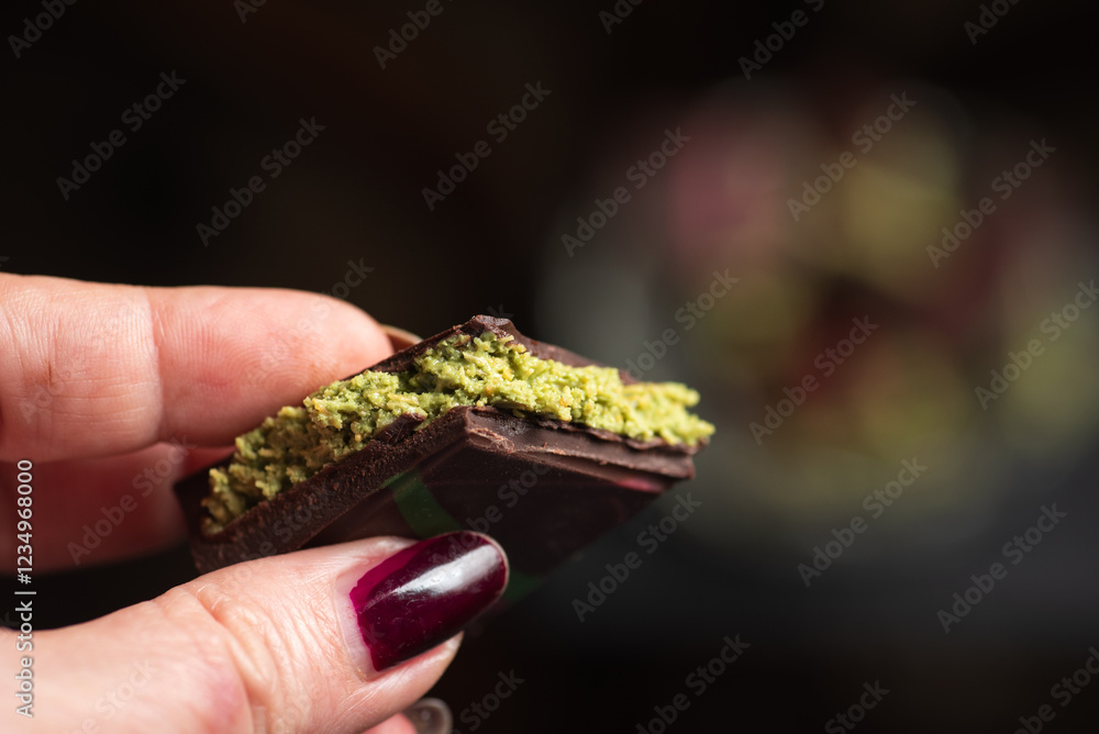 Female Hand Holding Delicious Dark Chocolate with Pistachio Filling. Viral dubai chocolate