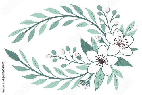 Watercolor floral wreath, soft green hues, delicate leaves and flowers, circular composition, botanical illustration, white background, elegant foliage design, dainty petals, nature-inspired artwork, 