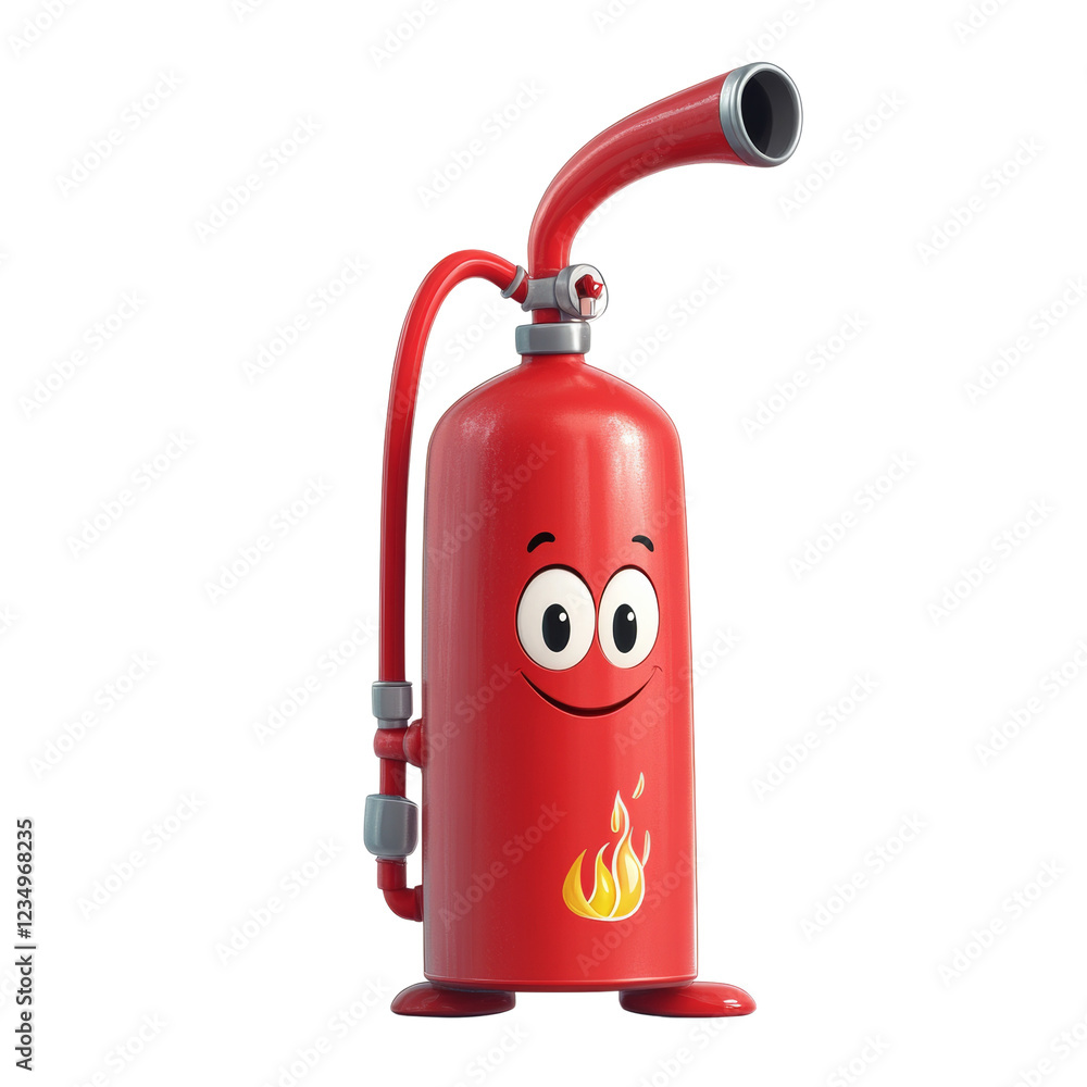 A cheerful 3D rendered cartoon fire extinguisher with a smiling face and small feet. A cheerful 3D rendered cartoon fire extinguisher with a smiling face and small feet.