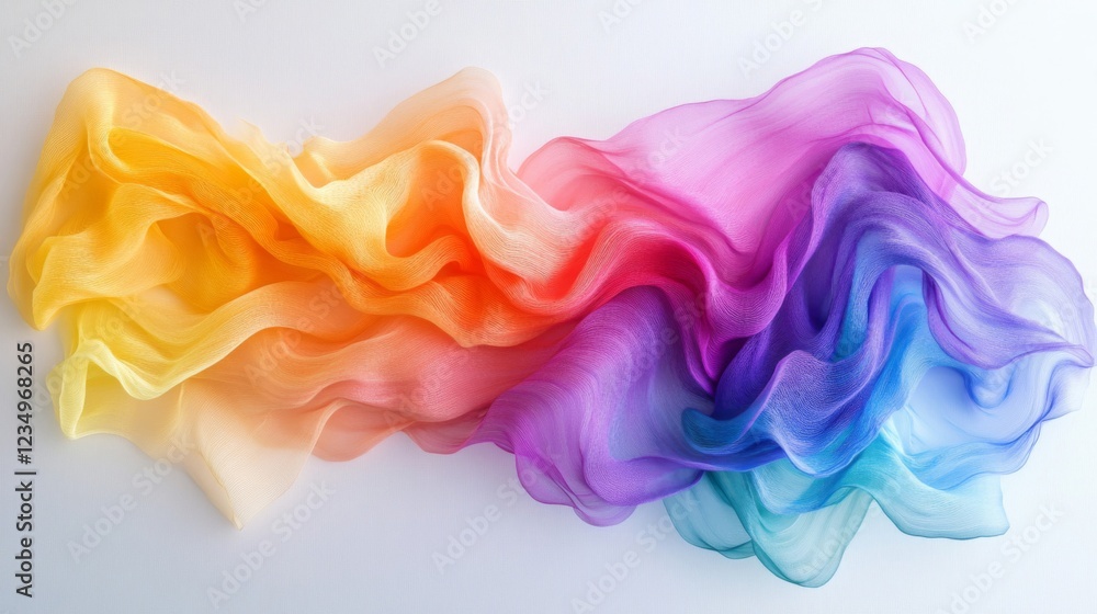 Rainbow Colored Sheer Fabric Draped On White Background Rainbow Colored Sheer Fabric Draped On White Background