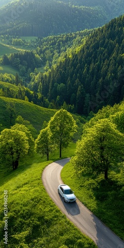 Scenic road trip adventure winding road in nature aerial view late afternoon light classic travel experience